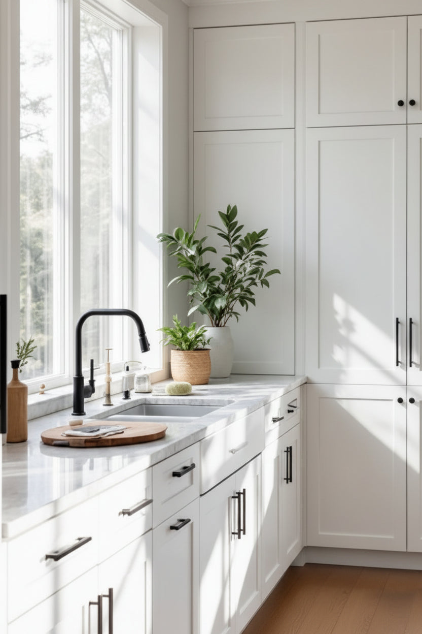 A bright, modern kitchen corner with white shaker-style cabinets, a white marble countertop, a black gooseneck faucet, and potted green plants near the window.